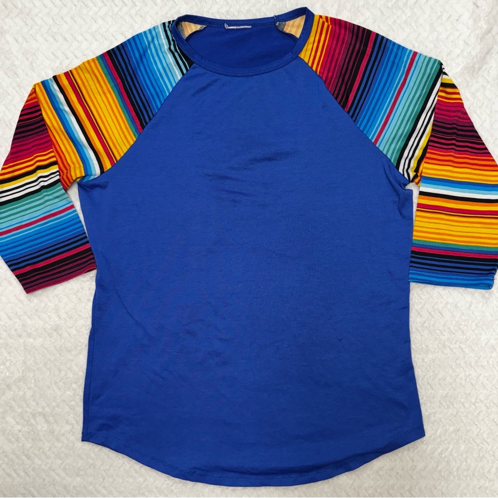 Cobalt Raglan 3/4 Sleeve T-Shirt with Fun Colorful Striped Sleeves Medium